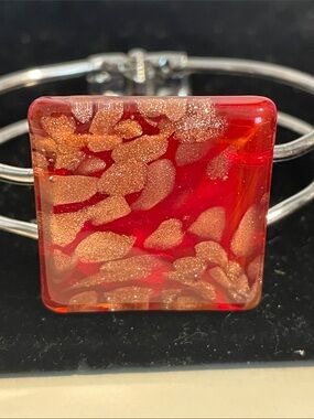 Vintage Murano Art Glass Red Gold Foil Square Hinged Cuff Bracelet Italy